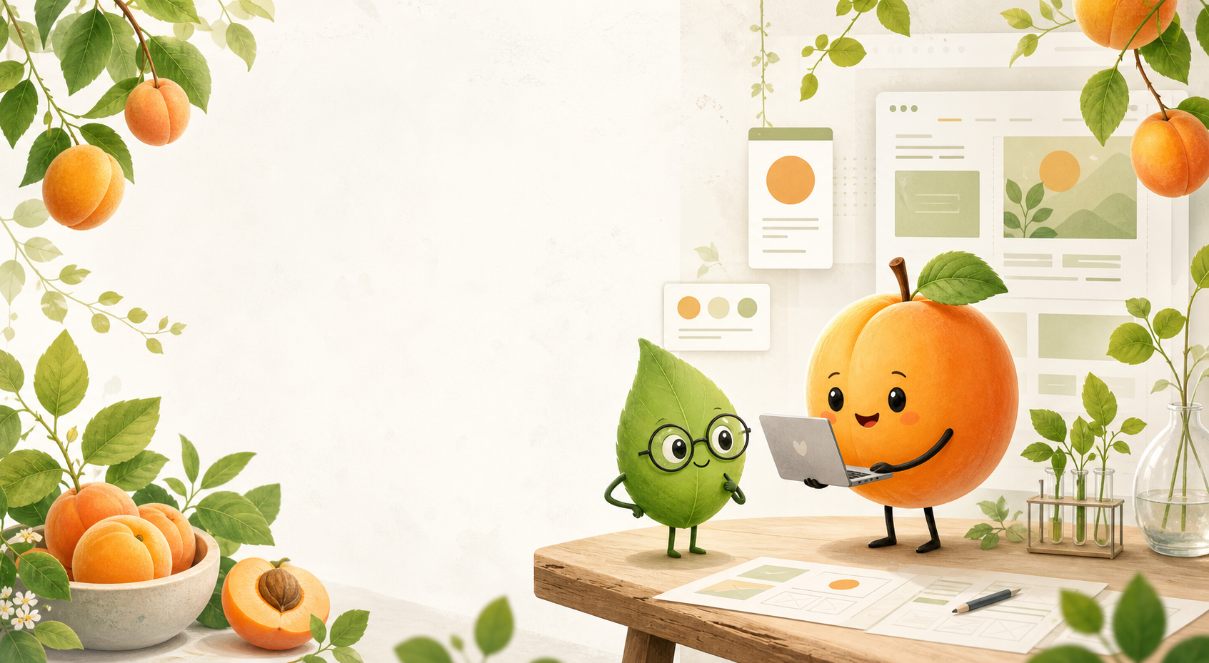 Friendly leaf and apricot characters beside botanical web design elements